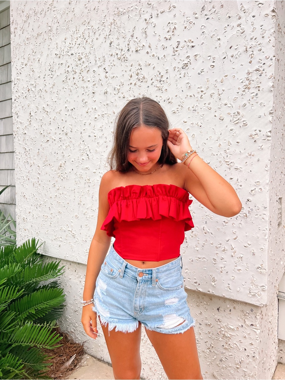 Ruffled Strapless Crop Top - Red